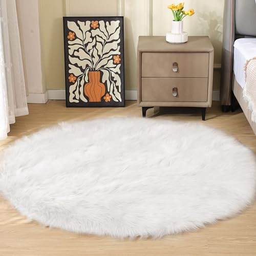 ORINOVA Teppich Rund Weiß 150 cm Flauschig Kunstfell Fellteppich Kuschelteppich Weich Schlafzimmer Bettvorleger Wohnzimmer Waschbar