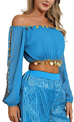TiaoBug Damen Bauchtanz Kostüm Oberteil mit Münzen Schulterfrei Tunika Shirts Kurz Bauchfrei Crop Top Belly Dance Outfits