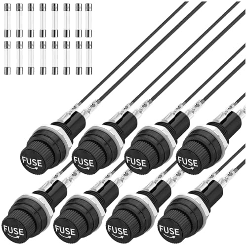 MKBKLLJY 8St. Paneel-Sicherungshalter DC 12V AV250V Schraubkappen-Sicherungshalter 5x20mm mit vorgelöteten Drähten und flinken Glasrohrsicherungen 10A x 8, 15A x 8