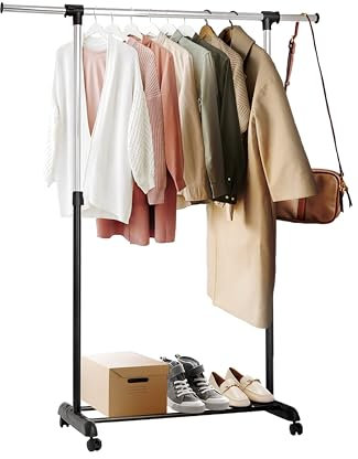 ikloo Standard Rod Kleiderständer | ausziehbarer und verstellbarer Rollkleider-Organizer | freistehender Kleiderbügel am Rad zum Aufhängen von Kleidung | mit Bodenablage für Schuhe und Boxen, Chrom