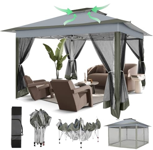 COBIZI Garten pavillon 3x3 Wasserdicht Stabil Winterfest, 3,65x3,65m Pop Up Pavillon Mit Moskitonetz, Doppeldach Faltbarer Pavillon, Faltpavillon mit Sandsack für Hinterhof,Rasen(Dunkelgrau Upgrde)