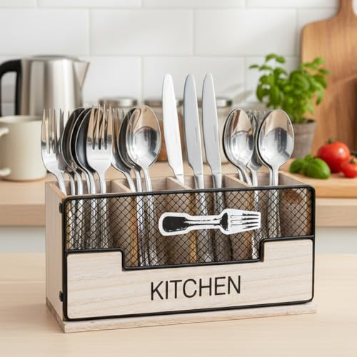 Maison Des Cadeaux Organisateur de couverts en bois vintage à 4 compartiments, caddy de rangement pour ustensiles