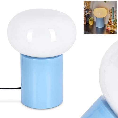 Tischleuchte Godrie, moderne Nachttischlampe aus Metall/Glas in Blau/Weiß, runde Tischlampe im Retro-/Vintage Design, Ø 20 cm, Höhe 27 cm, mit An-/Ausschalter am Kabel, 1 x E27, ohne Leuchtmittel
