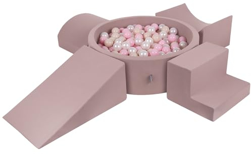 KiddyMoon Spielplatz Aus Schaumstoff Mit Rund Bällebad (300 Bälle) Ballgruben Für Babys Spielbad Hindernisläufen, Erikafarben:Pastellbeige/Puderrosa/Perle