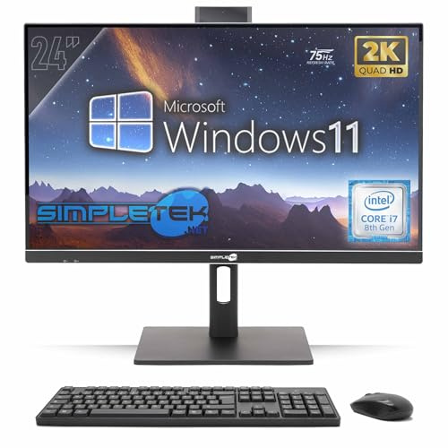 SIMPLETEK - PC Tout-en-Un 24 2K 75 Hz Core i7 8e génération 4,00 GHz | Windows 11 Pro | 8 Go RAM - 240 Go SSD | Ordinateur Tout-en-Un, Support VESA, Webcam intégrée, Support réglable