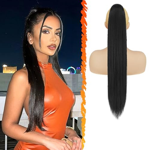 BARSDAR Schwarz Pferdeschwanz mit Kordelzug, 66cm Lang Glattes Kordelzug Ponytail Extension Synthetik Zopf Pferdeschwanz Haarverlängerungen Clip in Ponytail Haarteil für Damen - Jet Schwarz
