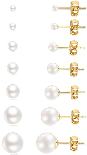 Pearl Small Gold Stud Earrings 14K Gold Plated Surgical Stainless Steel Round White Ball Stud Earrings Set for Women Men Hypoallergenic, Pack of 6 Pairs 7 Pairs (3mm - 8mm 10mm)