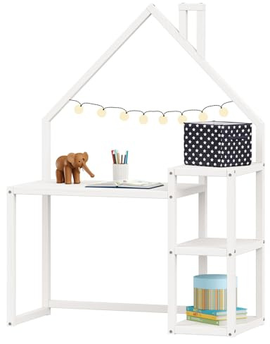 IDIMEX Kinderschreibtisch NIVIA Hausform weiß mit Regal Stauraum gefertigt aus Kiefer Massiv. Stabil langlebig perfekt für Kinderzimmer. Montessori-Möbel ideal für Hausaufgaben oder Bastelarbeiten.