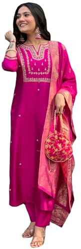 GoSriKi Ladies Silk Blend Straight Embroidery Kurta with Trousers and Dupatta, Pink, S