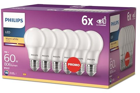 Philips LED Classic E27 Lampen 6-er Pack (60 W), matte LED Lampen mit warmweißem Licht, energiesparende Lampen mit langer Nutzlebensdauer, neue Generation