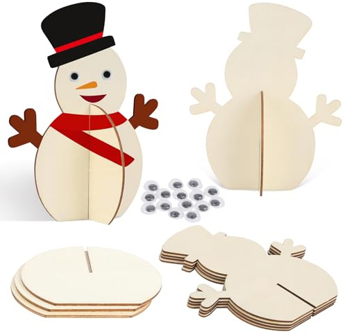 Wolkstello Bastelset Weihnachten Holz, 10 Stück 3D Schneemann Bastelset, Basteln Weihnachten Kinder, Holz zum Bemalen, Diy Weihnachtsdeko für Jungen Mädchen Winter Neujahr