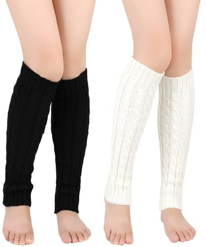AHEJIOO 2 Paar Stulpen Damen 40cm, Schwarz Und Weiß Stulpen Für Damen, Winter Leg Warmers, Gestrickte Legwarmers, Klein Beinwärmer, Geschenke Für Frauen