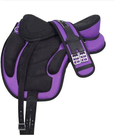 Sazaar Tack Selle de Cheval synthétique Freemax sans Arbre, avec Sangle Assortie et Paire d'étriers en Aluminium (15 Seat, Purple)