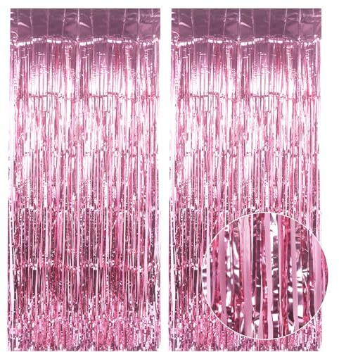 Bomiclss 2Pcs 3.32×6.8ft Tinsel Curtain Glitter Party Decorations Curtain Backdrop Streamers Foil Fringe, Metallic Tinsel Foil Curtains Background Streamers for Birthday Wedding Baby Shower (Pink)