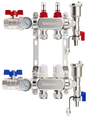 VANCOCO Collettore Riscaldamento Pavimento in Acciaio Inox 2 Circuiti, Eurokonus 16×2 mm, Kit Sfiato Veloce, Valvole a Sfera 1, Portata 5 L/min, Misuratore di Portata