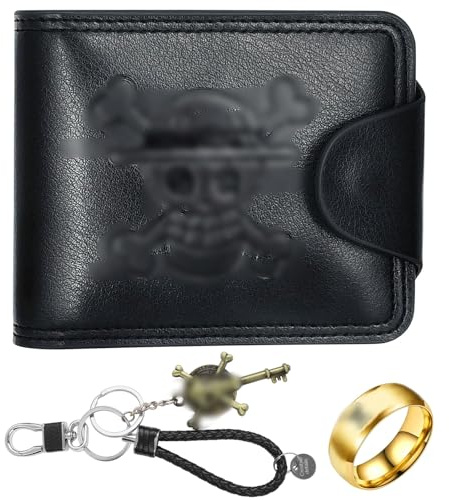 LbsAMP Portefeuille Anime Manga en Cuir avec Porte-Clés et Anneau Or Cosplay Squelette Crâne Porte Monnaie Pliable avec Compartiments Porte-Cartes pour Fans d'Anime Ado Garcon Homme - Noir