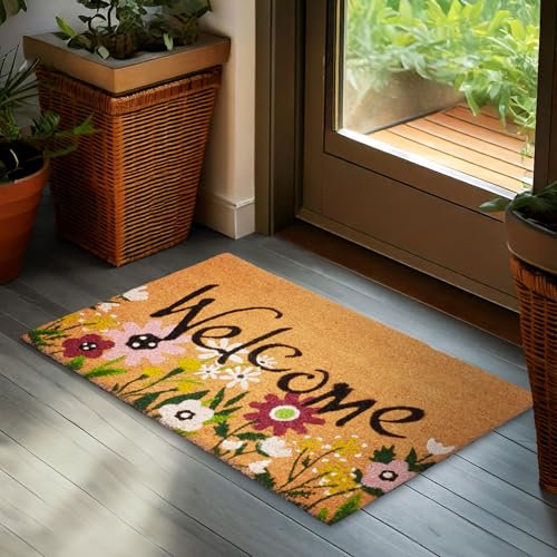 BRUBAKER Fußmatte für Außen und Innen - Welcome mit Blumenwiese - 45 x 75 cm Schmutzfangmatte aus 100% Kokos - Wetterfest und rutschfest - Antirutsch Türvorleger mit Blumen Design