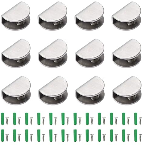 12 Stück Glasklemme Edelstahl, Glasregal Halterung Edelstahl 201, Verstellbarer Glashalter Klemmhalter für Glasplatten mit Schrauben und Kunststoffeinsatz (Silber, Halbrund für 6-9 mm Dicke Glas)