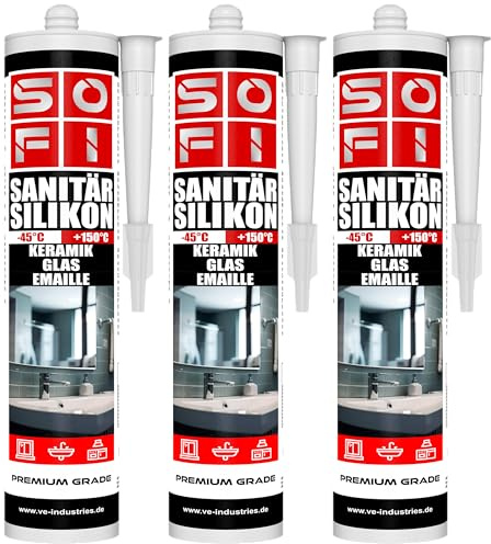 VE-INDUSTRIES Sanitär Silikon 3 x 280ml transparent Acetat Dichtstoff schimmelresistent Bad Küche Dusche