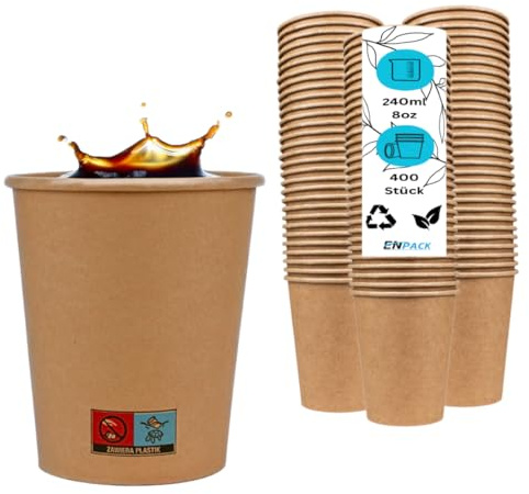 Enpack 400 Kaffeebecher 80mm Braun - ökologisch abbaubare einweg kaffeetassen 200ml/8oz - Hitzebeständige to Go Becher - Recycelbare cafe to go becher für Kaffee/Tee