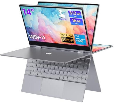 BMAX Ordenador Portátil 2 en 1 de 14, Laptop con Pantalla Táctil Intel N100 16GB RAM 512GB SSD Convertible 360° PC Portatil Win-11 IPS 1920x1080 Teclado Retroiluminado Bluetooth 4,2 Typo Cx2