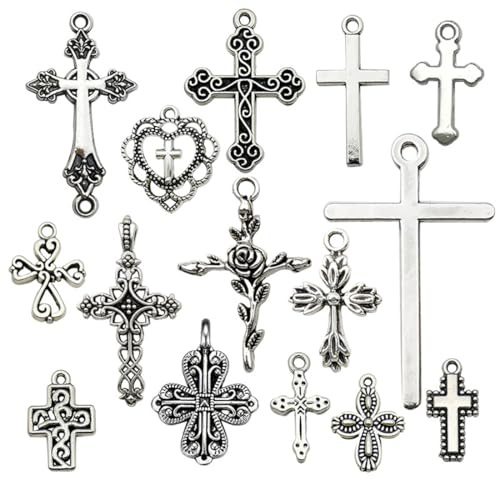 JYNXOR 15 piezas Colgantes de cruz, colgante de cruz europea con colgante de agujero grande, Encantos de plata antigua para hacer joyas de bricolaje y decoración de regalos
