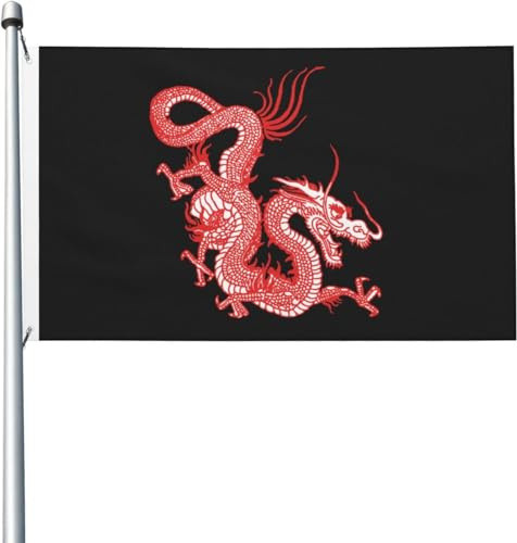 Drapeau Dragon chinois rouge 90 x 150 cm, résistant aux UV, bannière saisonnière avec œillets en laiton, pour extérieur et intérieur