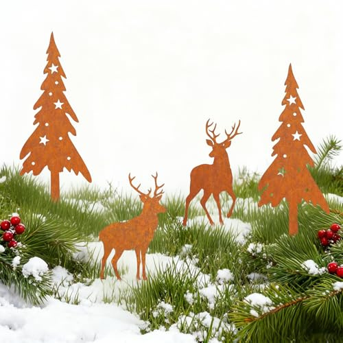 SPERMUOY Gartenstecker Roststecker Outdoor Weihnachtsdeko Rentiere Hirsch Tannenbaum für Rasen Hof Gehweg Blumengarten Metall Patina