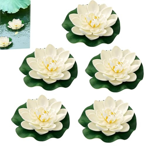 JFangZHZH Schwimmende Blumen,5 Stück Künstliche Seerosen,Seerose Lotusblüte,Lotusblüte Wasserlilie,für Teiche Dekoration Gartenterrasse Pool Aquarium Dekoration (Weiß)