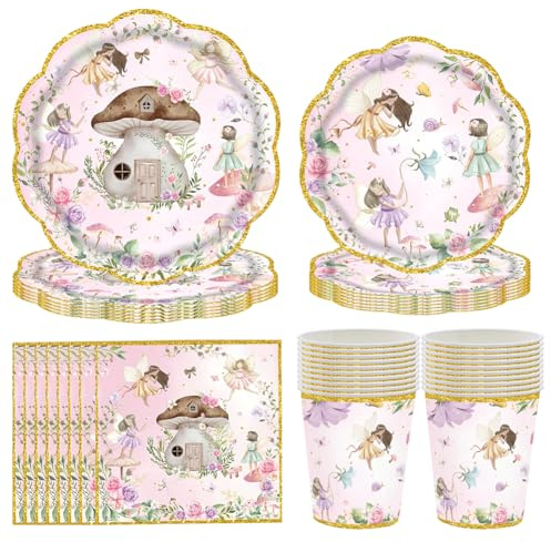 CLKDPNO 80pcs Fairy Party Tableware Set - 20 People, Pink Floral Dishware - Plates, Napkins, Cups, Kids Theme Birthday Party Decorations