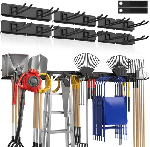 Housolution Organizador de Herramientas de Jardín Resistente 96 Pulgadas - 20 Piezas Soporta 720 lbs, Sistema Garage, 6 Rieles con 12 Ganchos Ajustables, Estante para Rastrillo, Escoba, Snowboard