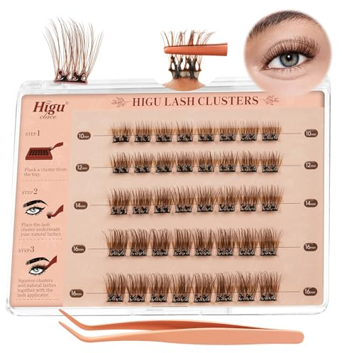 Higu clace Brown Pre Glued Eyelashes Mix 10-16mm, D Curl Preglued lashes No Glue Needed, Press on Lahes Easy to Use at Home (Brown 10-16mm)