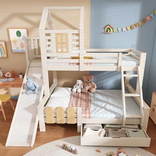 Laxnb Etagenbett 2 Kinder Bett 90x200 & 140x200 cm, Kinderbett Hochbett mit Leiter und Rutsche, Hausbett mit Stauraum, Dach und Fenster, Holzbett Kinderbett mit Rausfallschutz, Ohne Matratze, Weiß