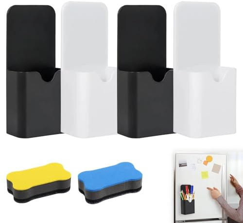 6-teiliges Set mit 4 magnetischen Stiftehaltern und 2 Whiteboard-Schwämmen | Robustes ABS; sichere Magnethaftung auf Metallflächen; platzsparend für Schule, Büro, Küche und Kühlschrank