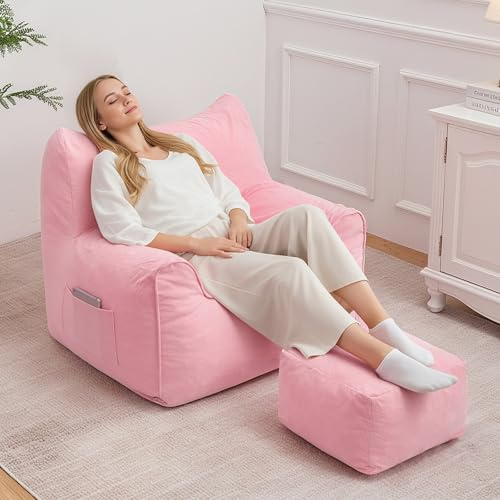 HOMMPA Sitzsäcke mit eckigem, gepolstertem Pouf-Ottoman, katzenförmige, gemütliche Sitzsack-Couch für Erwachsene, große Lesecouch für Wohnzimmer, Schlafzimmer, Studentenzimmer, Rosa