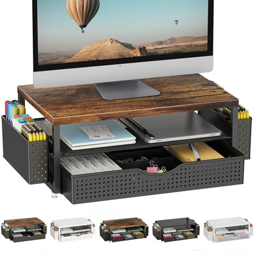 Monitorständer mit Schublade, Schreibtischorganizer und Zubehör, 2-stufiger Computer Monitor Erhöhung mit Schublade und 2 Stifthaltern, ergonomischer Desktop Ständer für Büro Zubehör (Holz Holz)