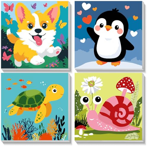 NEWENMO 4-pack Måla efter Nummer Djur med Ram, Hund Pingvin Sköldpadda Snigel Mönster på Canvas, Måla efter Nummer-set, DIY Akryl-oljemålning för Hemdekoration 20x20cm