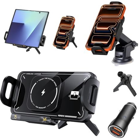 Olycism X02 Chargeur de voiture sans fil rapide à double bobine 15 W pour Samsung Galaxy Z Fold 7/6/5/4/3 avec serrage automatique, ventouse, clip d'aération, chargeur allume-cigare, noir, emballage