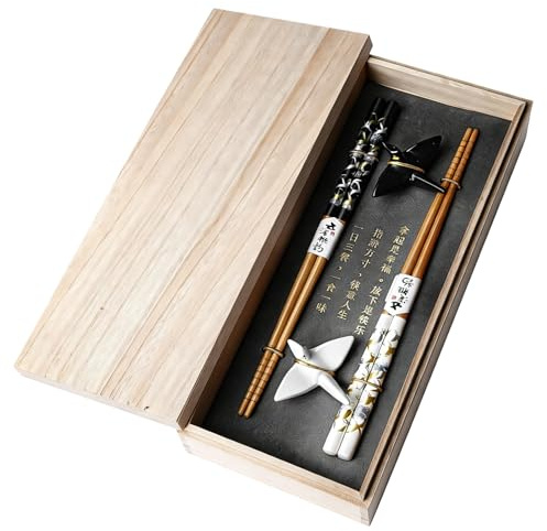 BAIFULAI Set di 2 bacchette per sushi in legno con supporto per gru in ceramica, sostenibili Chopsticks giapponese, cinese, coreano, taiwanese, regalo giapponese