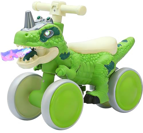 NMM Baby Dinosaur Balance Bike 1, 2, 3 Year Olds, Dinosaur Ride On Toy Cars for Toddlers, 4-Wheel Walker Scooter with LED Light, Music and Mist Spray Effects, Birthday Gift for Boys & Girls-Green