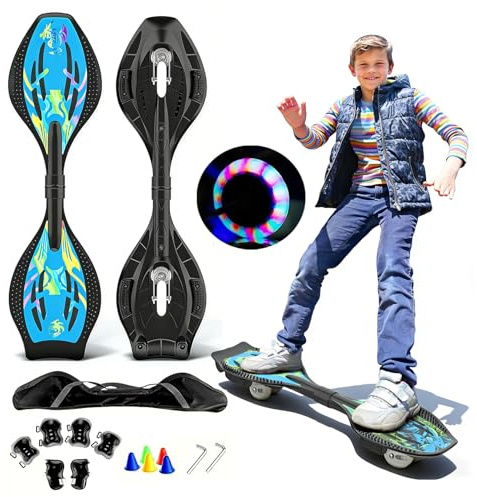 ZQHQKJ Waveboard für Kinder und Erwachsene - Snakeboard mit LED Leuchtrollen Bremssystem, bis 129kg, Alu-Rahmen, 360° Drehbar, inkl. Schutzset Tasche für Straße Skatepark