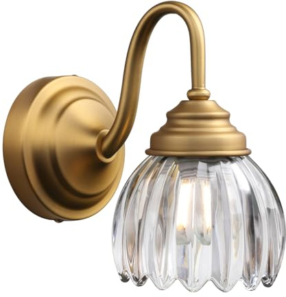 Phansthy E27 Vintage Wandleuchte Wandlampe aus gestreiftem Klarglas Glockenblume Lampenschirm Industrielle Wandbeleuchtung für Esszimmer, Wohnzimmer, Restaurant (Gold Messing)