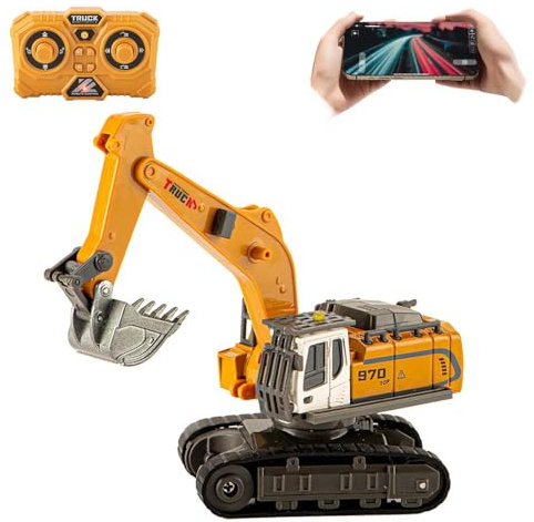 Ledovan 1:64 RC escavatore radiocomandato giocattolo con pala in metallo per bambini, con luce ed effetti sonori, rotazione di 320°, 2,4 GHz veicoli da costruzione giocattolo auto
