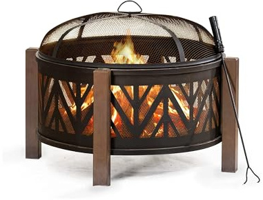 Sunjoy 78,5 cm Große Feuerstelle für den Außenbereich, runde Holzfeuerschale, Outdoor-Terrasse, Stahlschalen-Form, Feuerstelle mit Netz-Funkenschutz und Schürhaken-Werkzeug