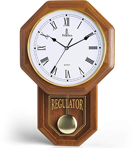 Pendulum Wall Clock Battery Operated - Real Wood Regulator Clock - Schoolhouse Design with Pendulum - Quiet, Non-Chiming - Wooden Wall Decor for Living Room Decor, Home, Office and Gift 18x11