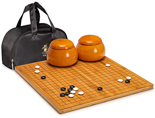 Yellow Mountain Imports Bambus 2 cm Wendbar 19x19/13x13 Go-Spiele-Set mit Doppelt Konvexen Koreanischen Gehärteten Glas Paduk Steinen & Jujube-Schalen - Klassisches Strategie-Brettspiel (Baduk/Weiqi)