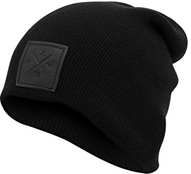 Manufaktur13 Slouch Beanie - Long Beanie Mütze, Strickmütze mit Echt-Leder/Stick Veredelung, Viele Farben zur Auswahl (M13)