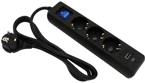 ARLI 3m Steckdosenleiste 3 Fach schwarz mit 2 USB Ladebuchsen USB-A USB-C Schalter Mehrfachstecker Kinderschutz Überspannschutz flachem Winkelstecker Schutzkontakte Mehrfachsteckdose Steckdose