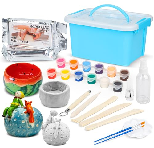 TOMMYHOME Ton Lufttrocknend für Anfänger,Enthält 1000g lufttrocknenden Ton.DIY-Set zum Töpfern für Kinder,Töpfer Set für Zuhause mit Werkzeugen,Farben,Pinseln,Glanzlack - Weiß