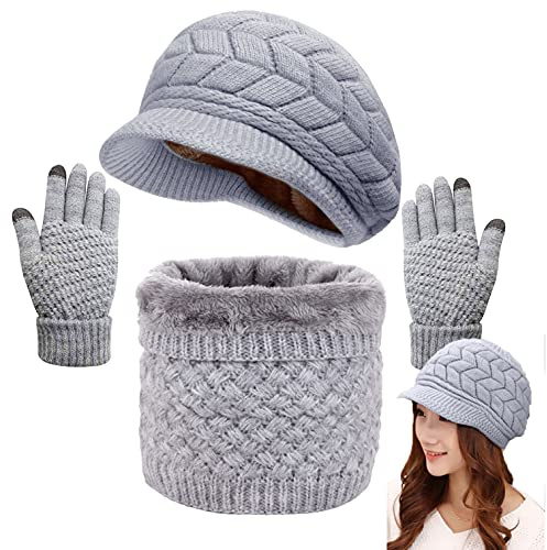 CheChury Damen Mütze Schal Kombiset Barett Beanie Handschuhe Strickset Weiche Warme Wintermütze mit Dick Fleecefutter Gestrickt Geschenkset für Frauen